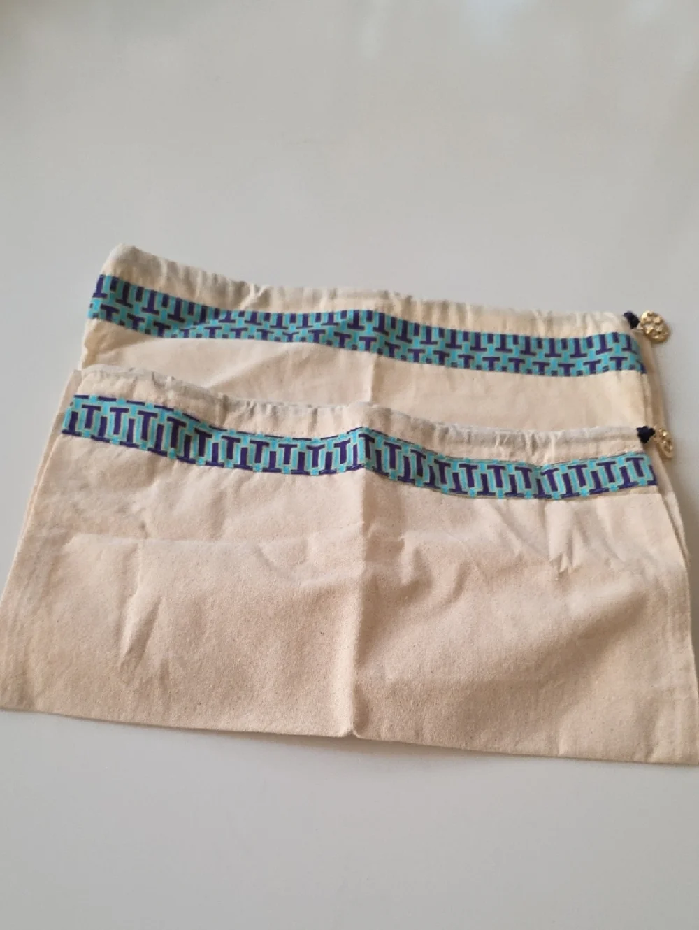 Tory Burch Canvas Drawstring‎ Dust Bags with Blue Geometric Trim. (2)